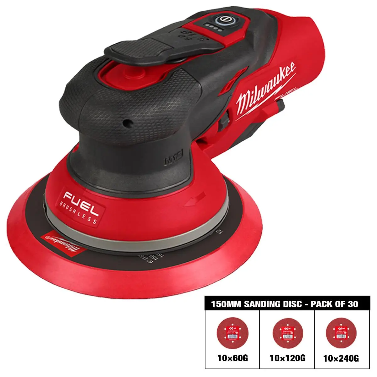 Milwaukee M12fros5-0 12V Fuel Brushless 150Mm Random Orbit Sander With Sanding Disc 60G, 120G, 240G Pack Of 30 1