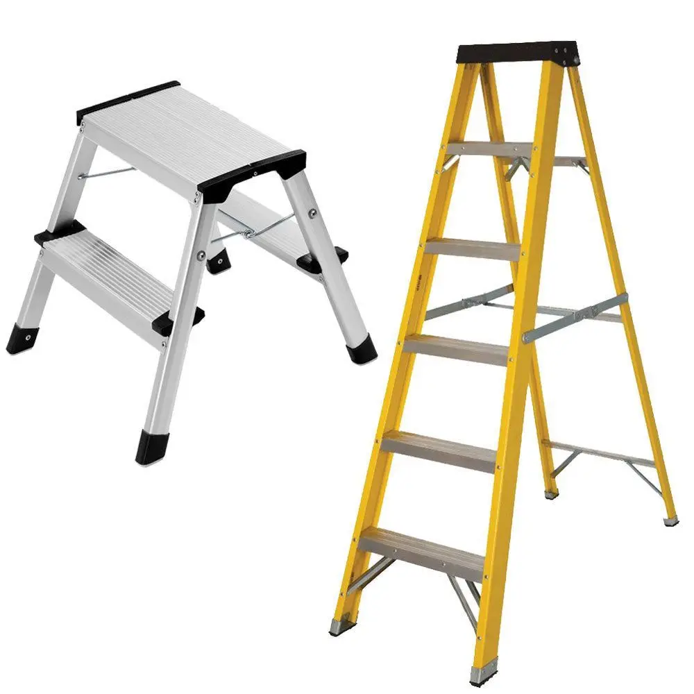 Excel Heavy Duty Fiberglass 6 Tread Ladder With 2 Step Hop Up Ladder 1