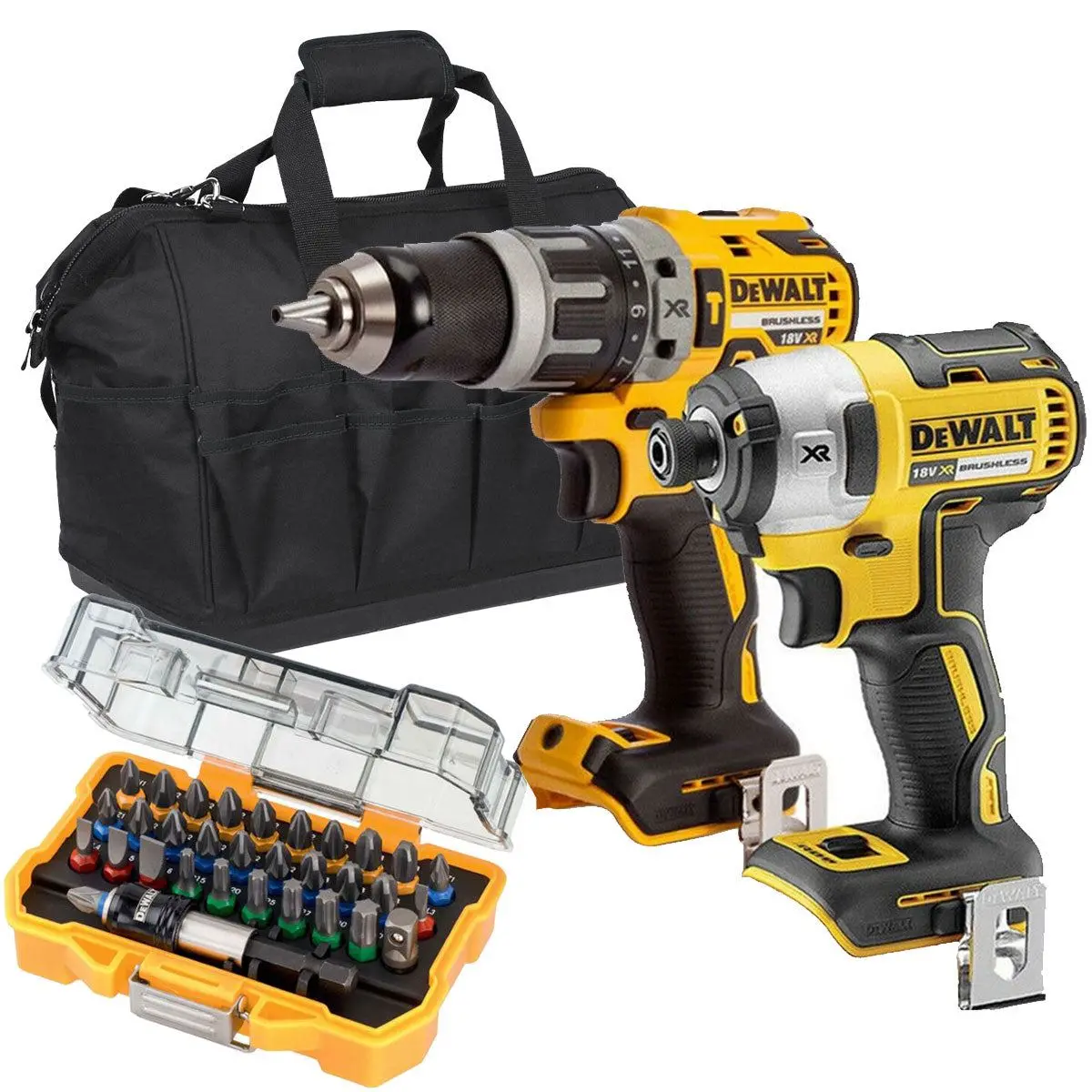 Dewalt 18V Cordless Brushless Impact Driver & Combi Drill Twin Pack With 32 Piece Screwdriver Bit Set In Bag 1