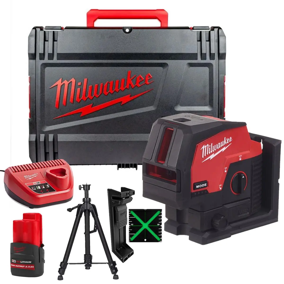 Milwaukee M12cllp-0 12V Green Cross Line 2 Plane Laser 360° Case With 1 X 2.5Ah Battery Charger & Laser Tripod 1