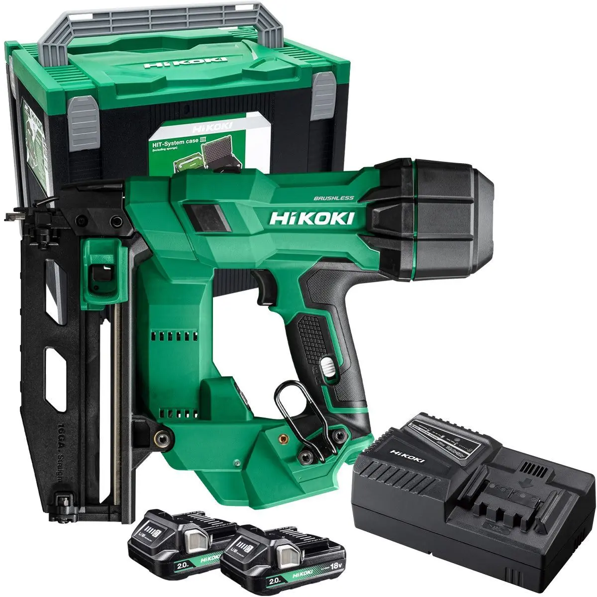 Hikoki Nt1865dsajxz 18V Brushless 2Nd Generation 16G Straight Finishing Nailer With 2 X 2.0Ah Battery Charger & Case 1