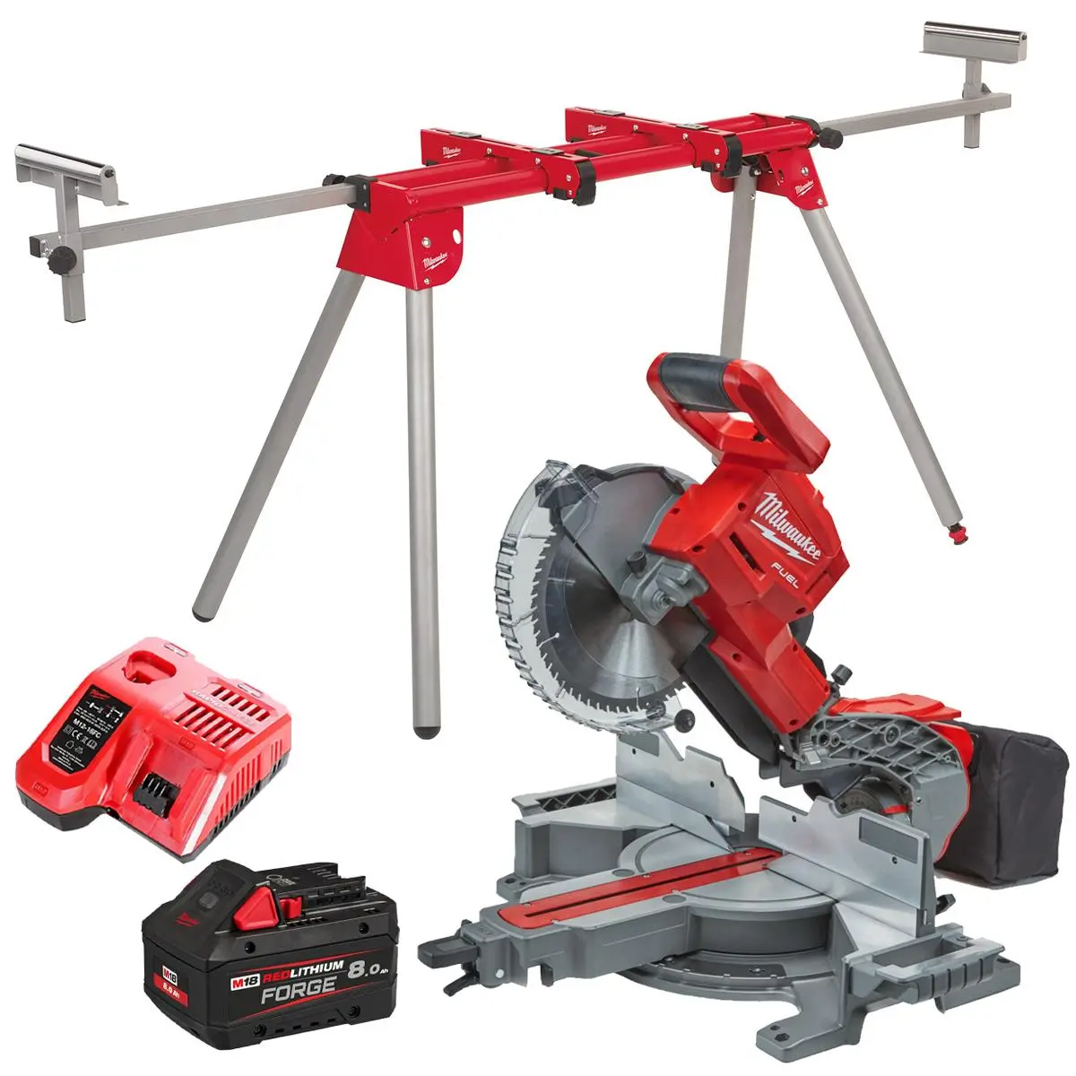 Milwaukee M18fms254-0 18V Fuel Brushless 254Mm Compound Mitre Saw With 1 X 8.0Ah Battery Charger & Extendable Saw Stand 1