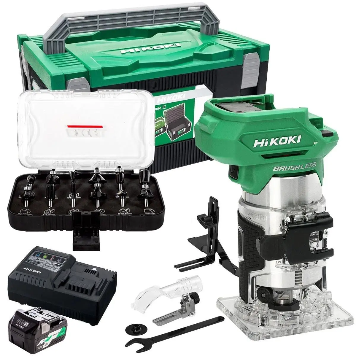 Hikoki M1808daj2z 18V 1/4" Brushless Router Trimmer With 1 X 2.5Ah/5.0Ah Battery Charger & 12 Piece Cutter Set 1