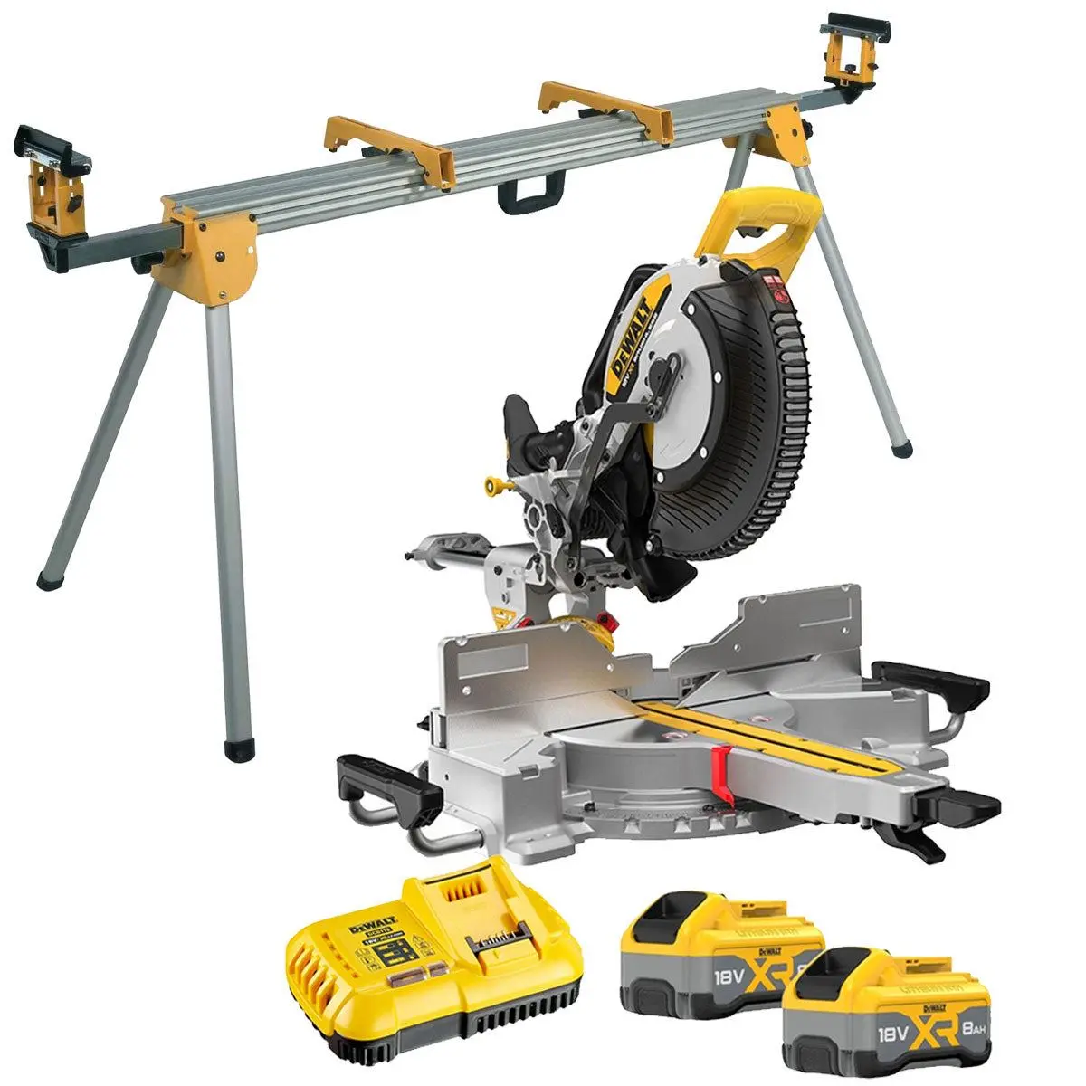 Dewalt Dcs782xw2-Gb 18V Xr Brushless Slide Mitre Saw With 2 X 8.0Ah Battery Charger & Universal Leg Stand 1
