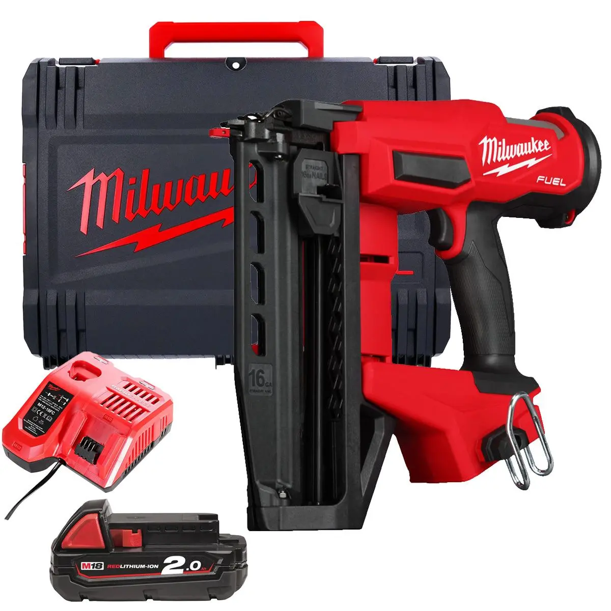 Milwaukee M18fn16gs-0X 18V Brushless 16G Straight Finish Nailer With 1 X 2.0Ah Battery Charger & Case 1