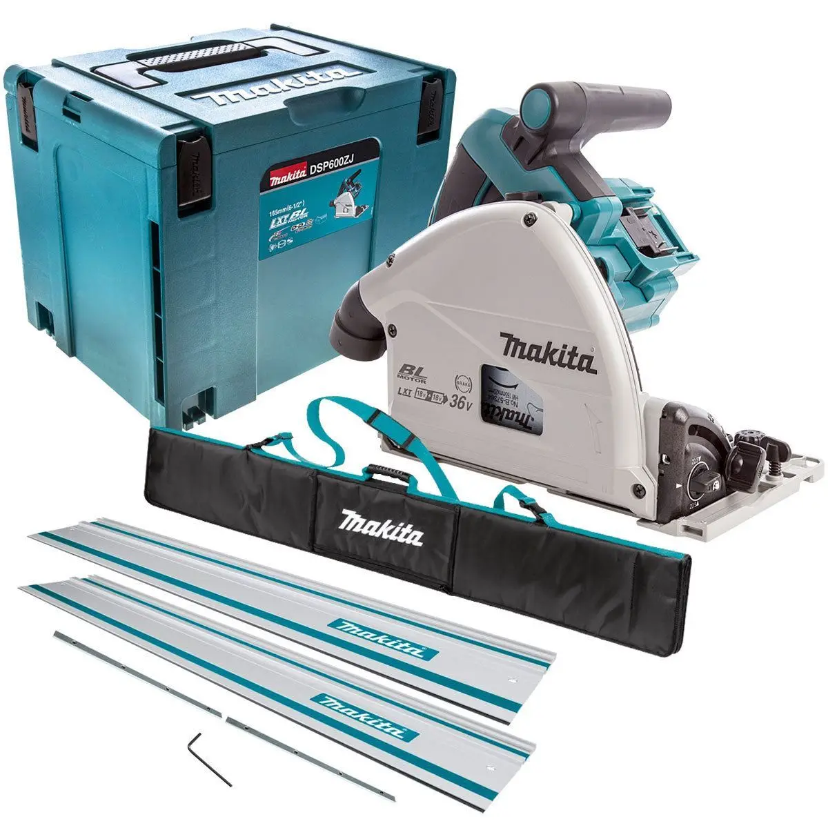 Makita Dsp600zj 36V Brushless 165Mm Plunge Saw Body Only With 2 X 1.5M Guide Rail & Case + Rail Bag 1