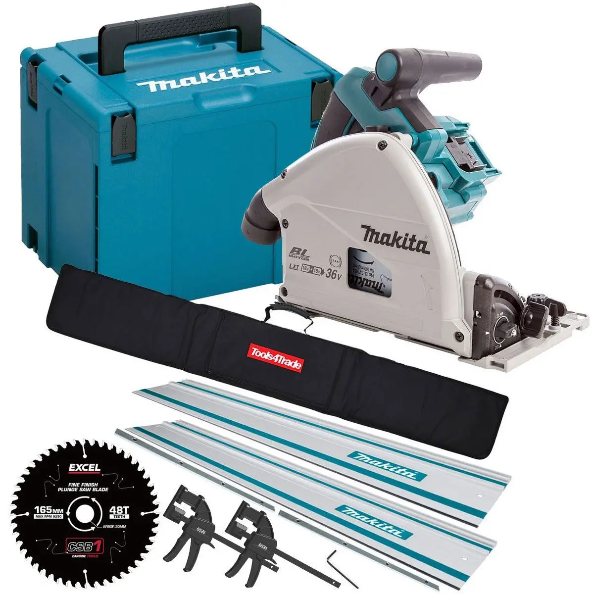 Makita Dsp600zj 36V Brushless Plunge Saw Body Only + 2 X Guide Rail, Connector With Blade & Clamp Set 1