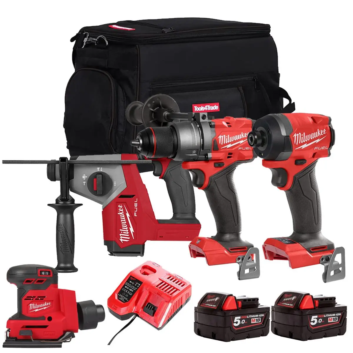 Milwaukee M18fpp12z-502B 18V 4 Piece Power Tool Kit With 2 X 5.0Ah Batteries Charger & Bag 1