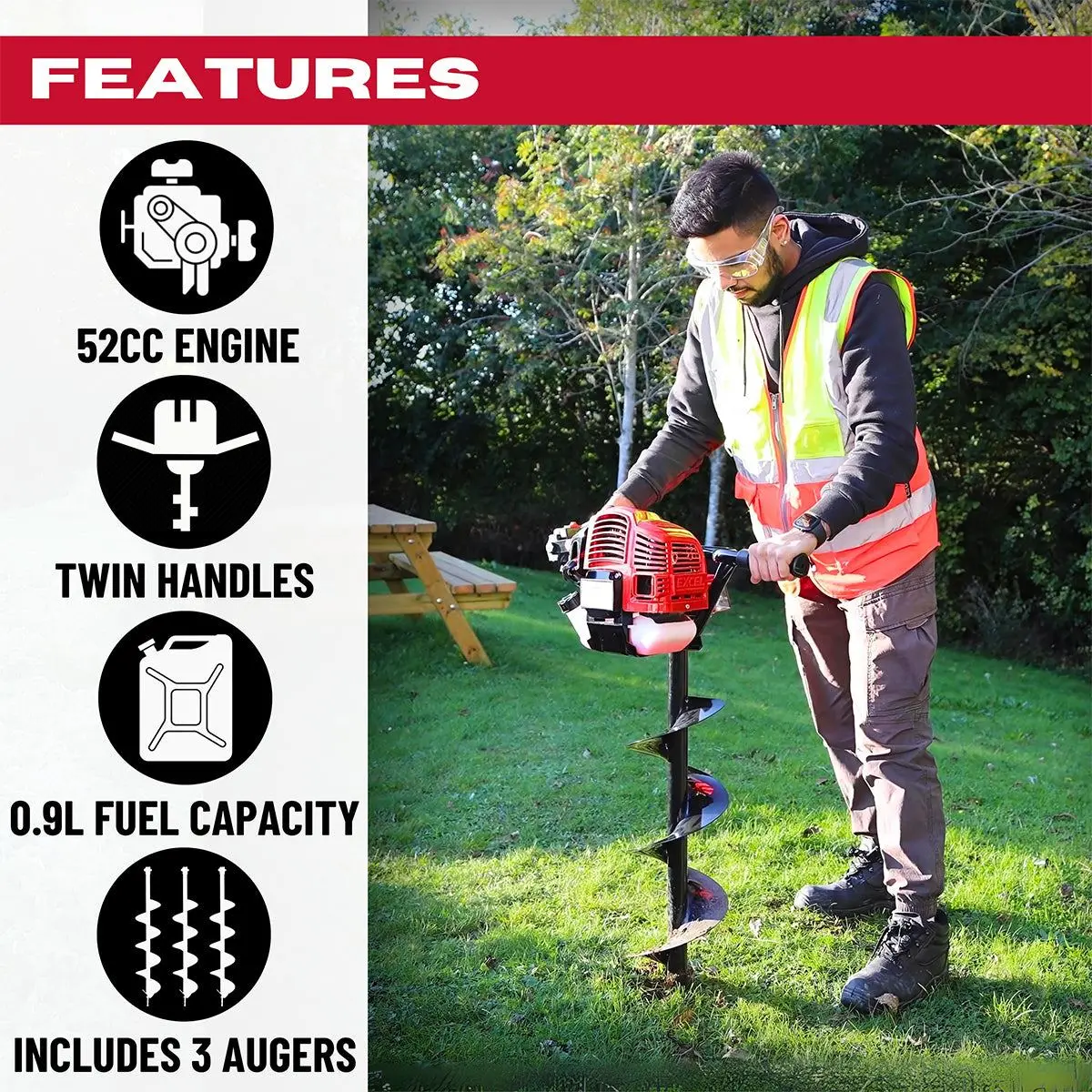 Excel 52Cc Petrol Earth Auger With 3 Augers 2