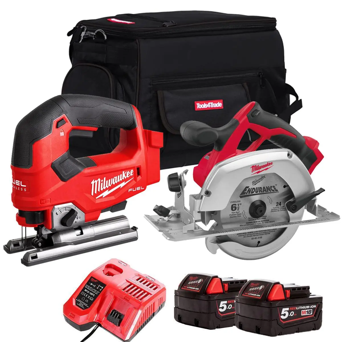 Milwaukee 18V Twin Pack Brushless 165Mm Circular Saw + Jigsaw With 2 X 5.0Ah Battery Charger & Bag 1
