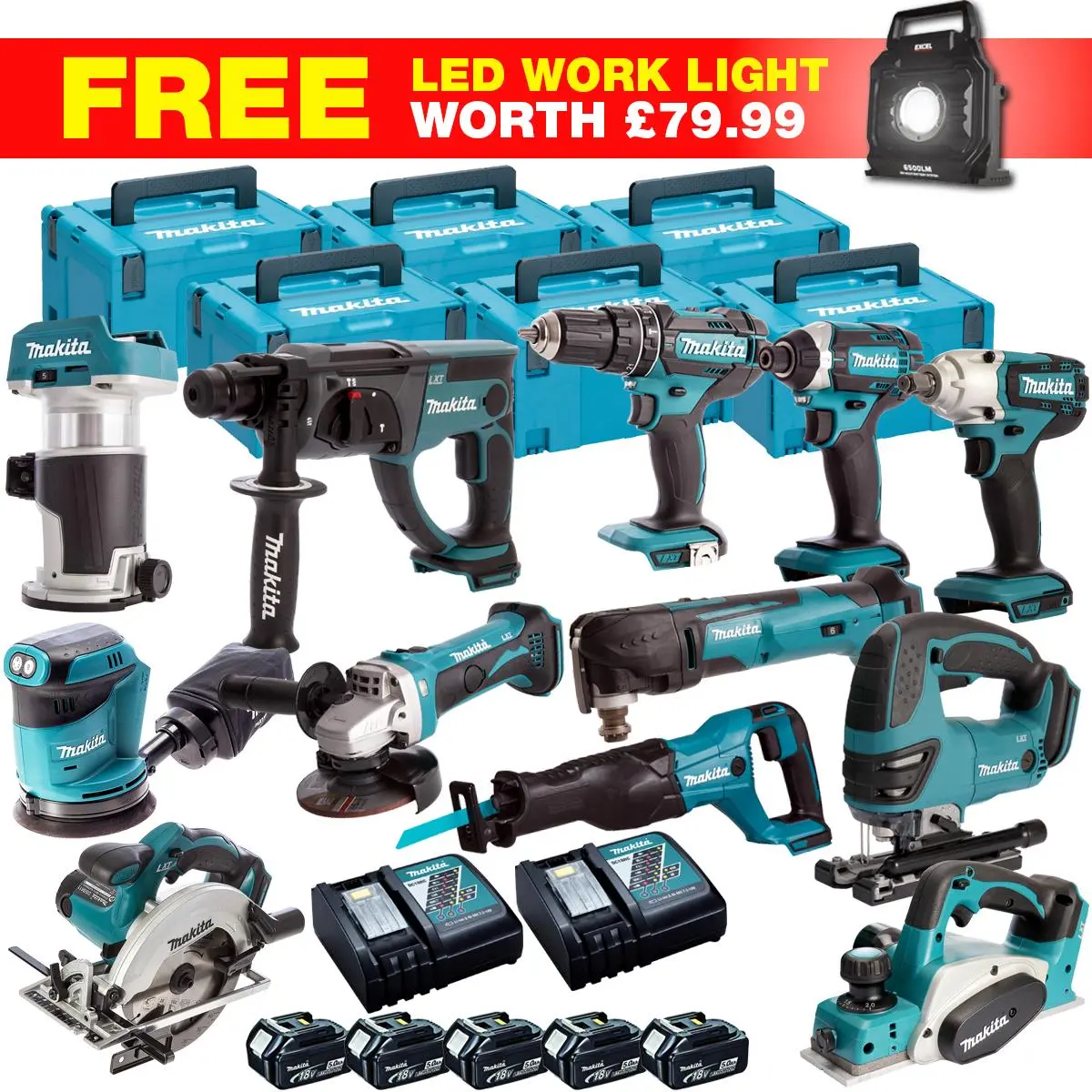 Makita 18V 13 Piece Combo Kit With 5 X 5.0Ah Batteries & Charger T4tkit-27799 1