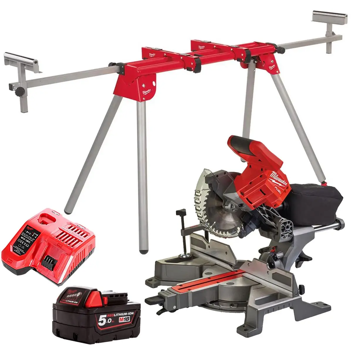 Milwaukee M18fms190-0 18V Fuel Brushless 190Mm Mitre Saw With 1 X 5.0Ah Battery Charger & Extendable Saw Stand 1