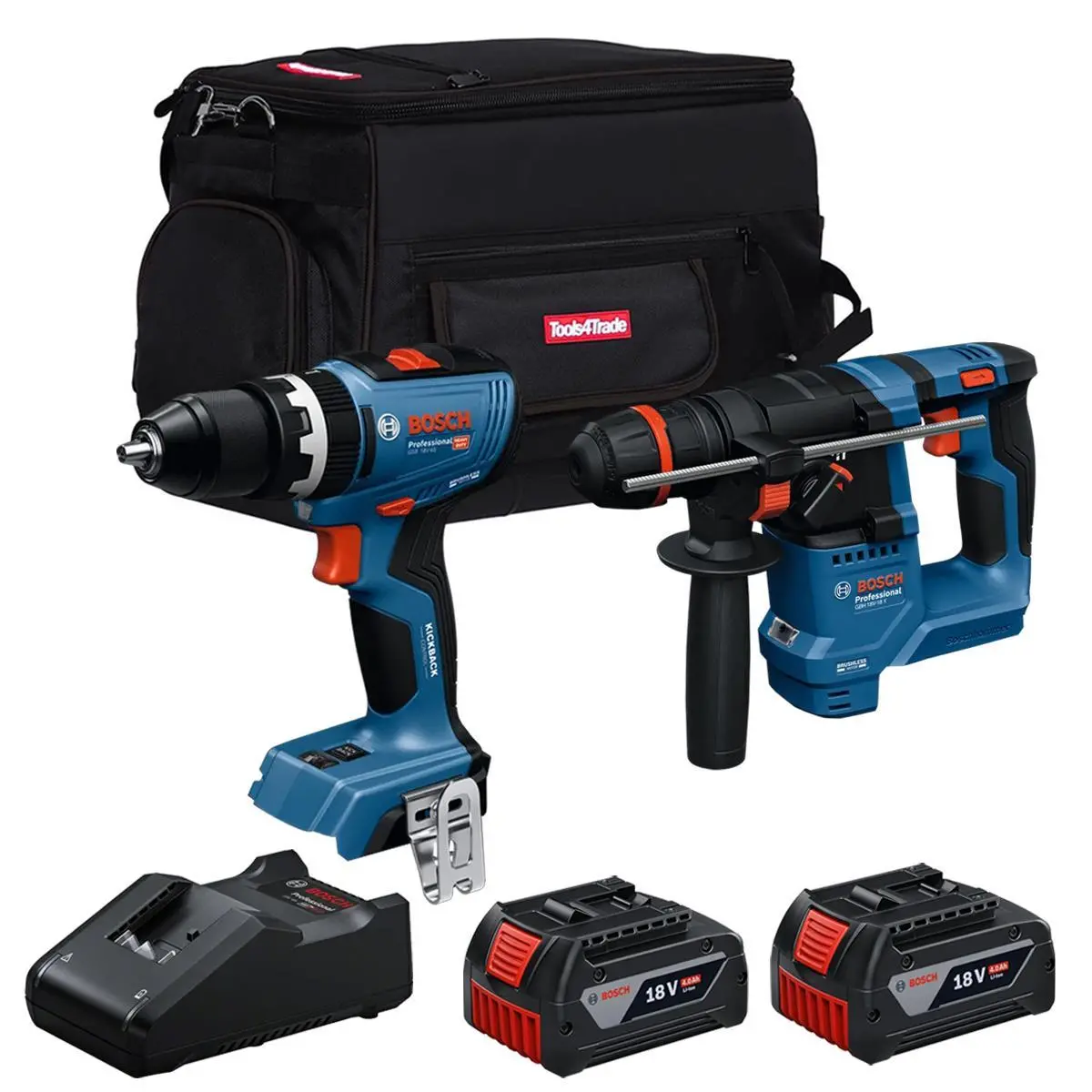 Bosch 18V Brushless Hammer Drill & Combi Drill With 2 X 4.0Ah Battery Charger & Bag T4tkit-28119 1