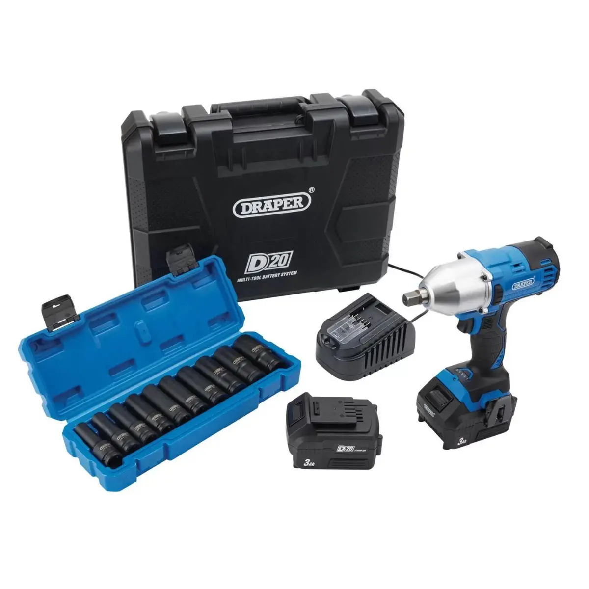 Draper Ptkd20/Oct2 20V Impact Wrench Kit 1/2" Sq & Metric Deep Impact Socket Set 10 Pes 04791 1