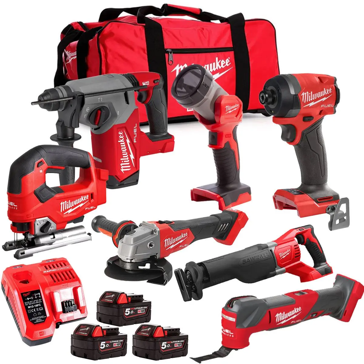 Milwaukee M18fpp6l3-503Bk3 18V Brushless 7 Piece Tool Kit With 3 X 5.0Ah Batteries Charger & Wheeled Bag 1