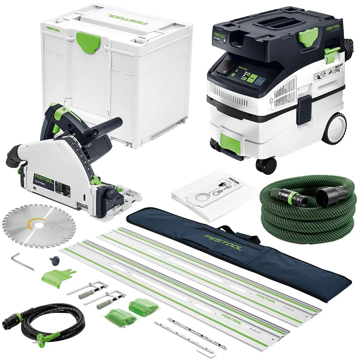 Festool Ts 55 Febq-Plus 230V Gb 160Mm Plunge-Cut Saw - 576706 With Guide Rail Kit Set 577932 & Dust Extractor 578321 1