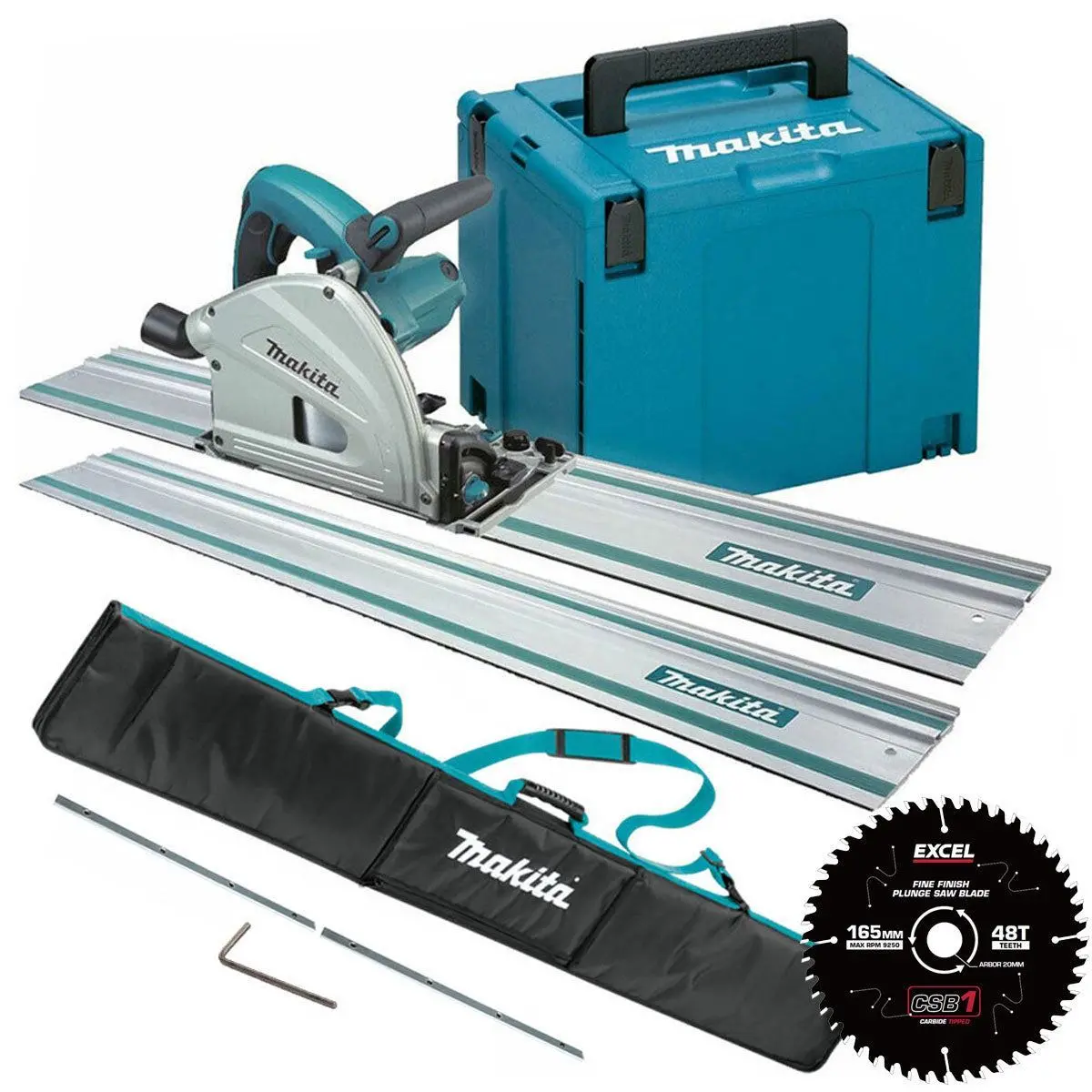 Makita Sp6000j2 165Mm Plunge Saw 240V + 2 X 1.5M Guide Rail In Bag, Connector With Blade & Case 1