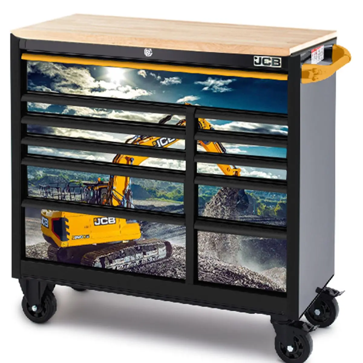 Jcb 42’’ Roller Tool Cabinet, 11 Drawers, Steel With Hardwood Worktop And Excavator Wrap Jcbexcrcbb 1
