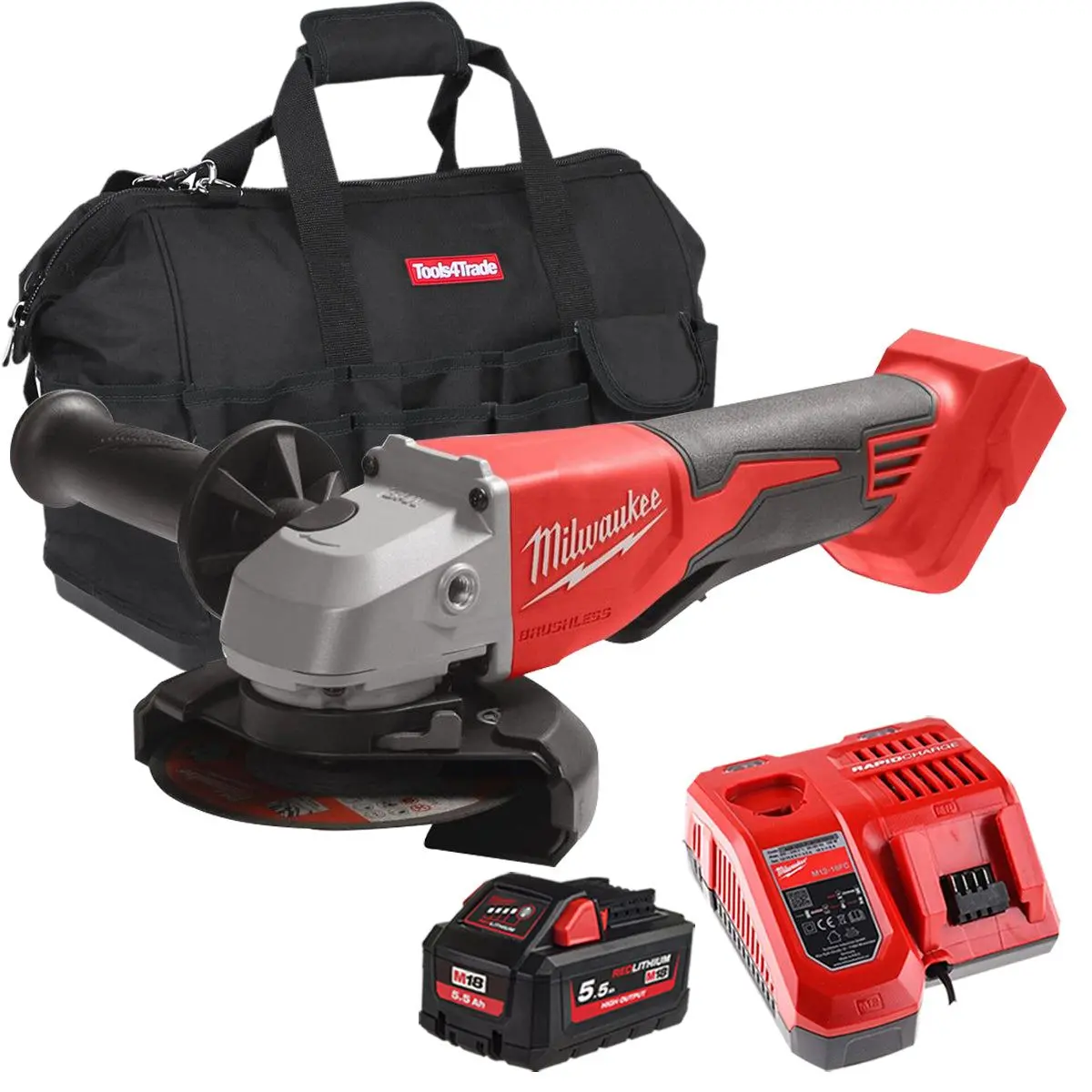 Milwaukee M18blsag115xpd-0 18V 115Mm Brushless Angle Grinder With 1 X 5.5Ah Battery Charger & Bag 1