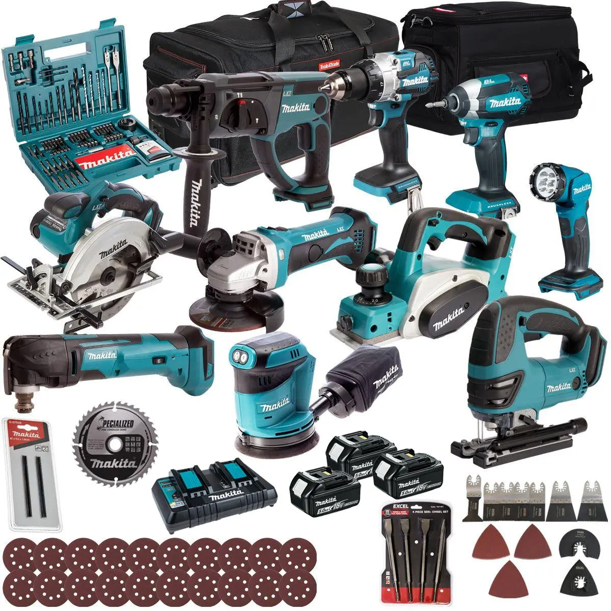 Makita 18V 10 Piece Combo Kit With 3 X 5.0Ah Battery Charger & Accessories Set T4tkit-17226 1