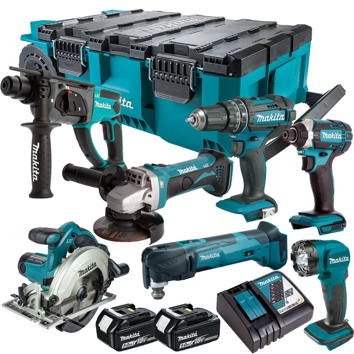 Makita 18V 7 Piece Combo Kit With 2 X 5.0Ah Batteries & Maktrak Trolley Toolbox 1