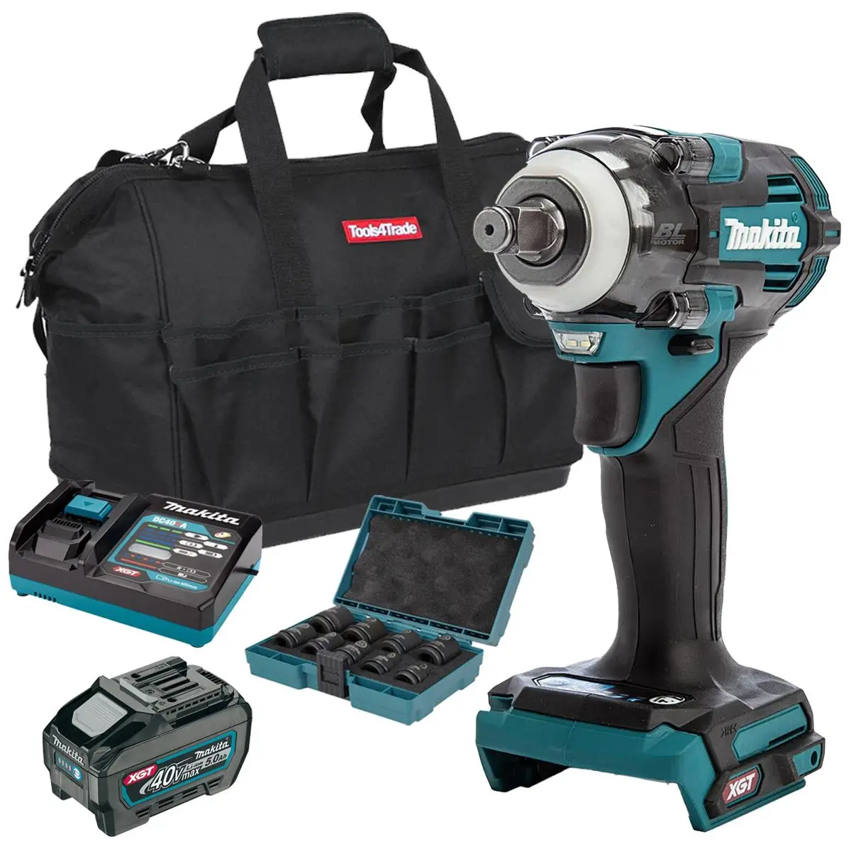 Makita Tw004gz 40V Brushless Impact Wrench With 1 X 5.0Ah Battery Charger & 9 Piece Socket Set 1