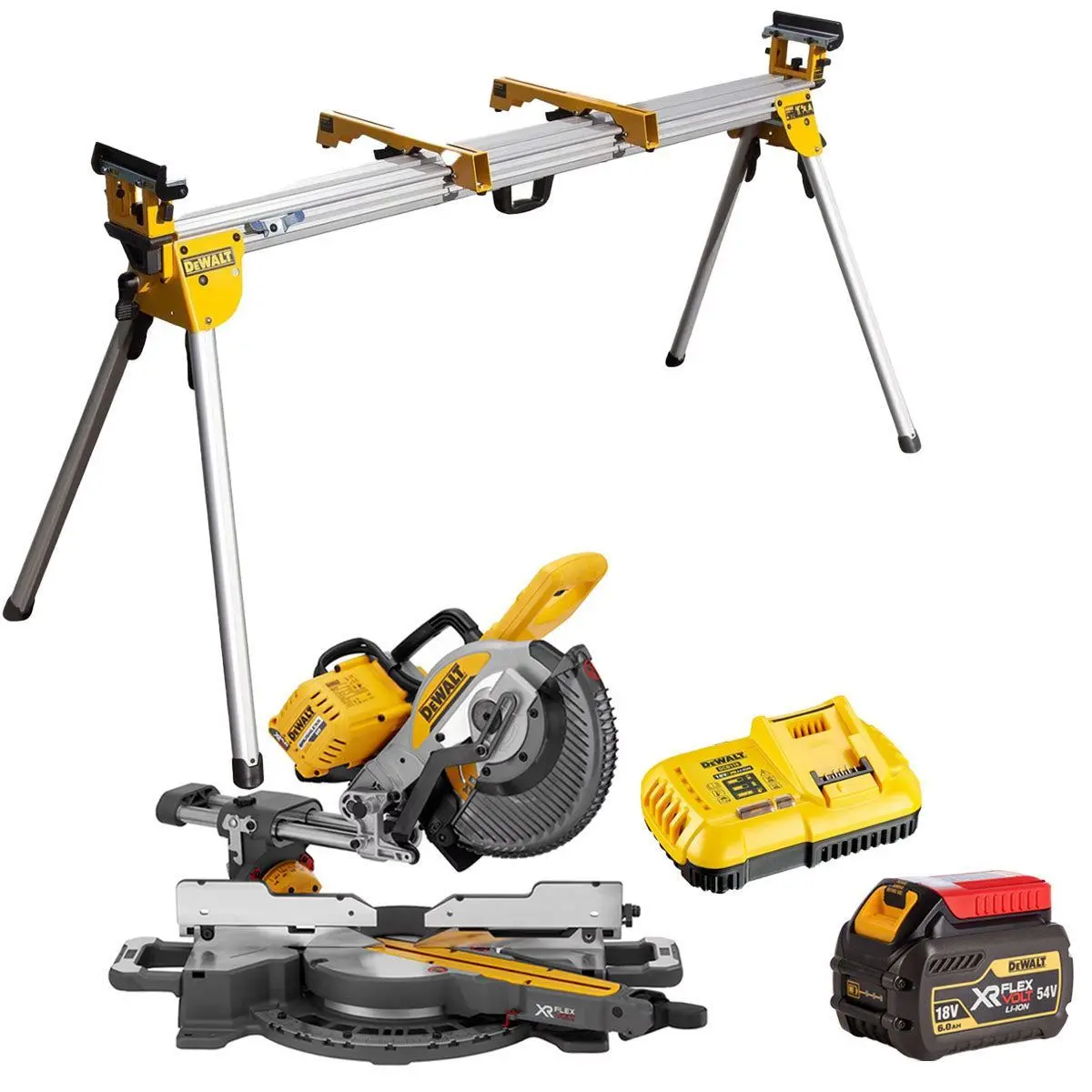 Dewalt Dcs727n 54V Xr Flexvolt Brushless Slide Mitre Saw With 1 X 6.0Ah Battery Charger & Universal Leg Stand 1