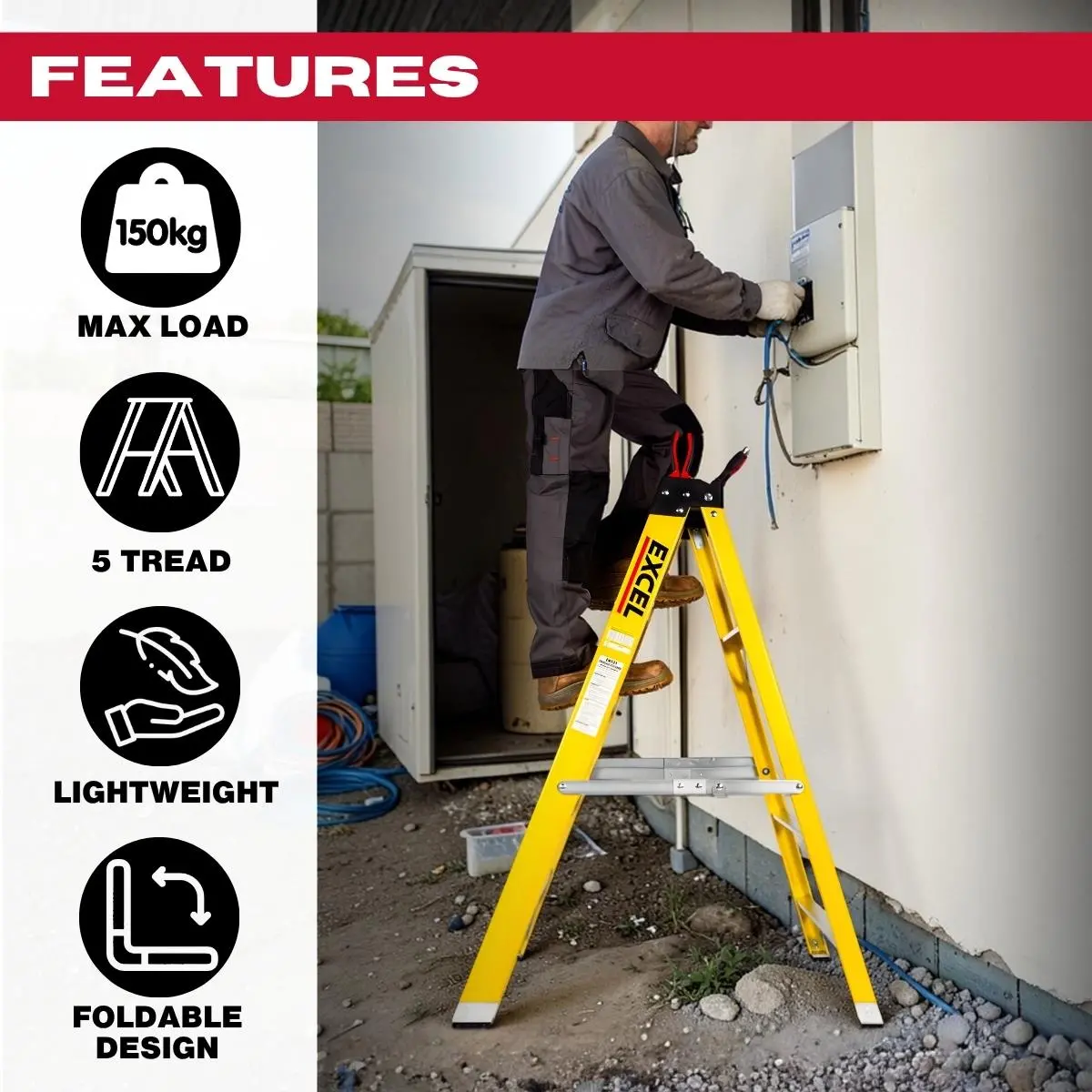Excel Electricians Fibreglass Step Ladder 5 Tread 1.2M Heavy Duty 2