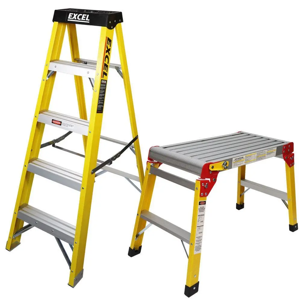 Excel Heavy Duty Fibreglass 5 Tread Ladder With Folding Hop Up 1