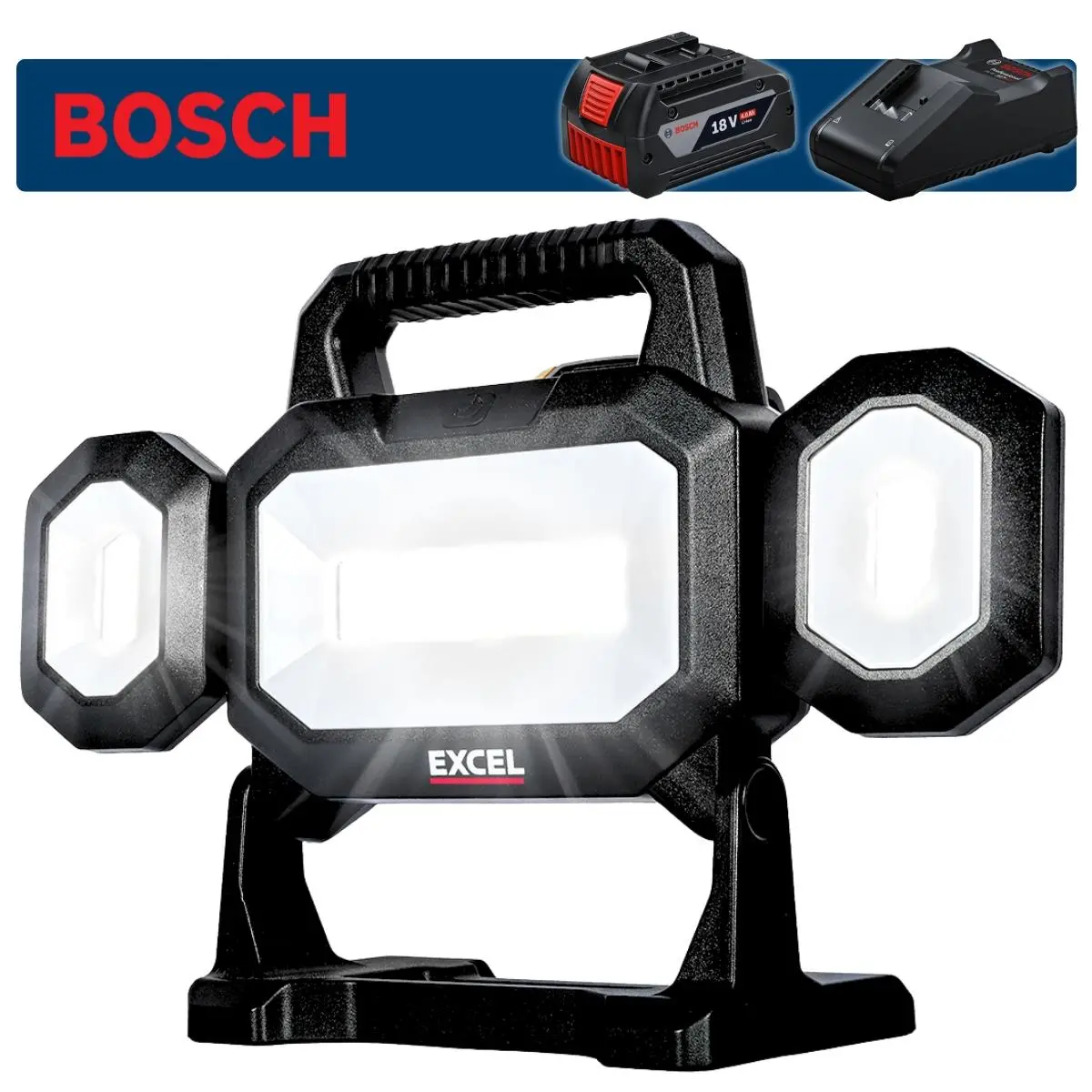 Excel 18V Led Work Light 5000 Lumens With Bosch 1 X 4.0Ah Coolpack Slide Battery & Charger 1
