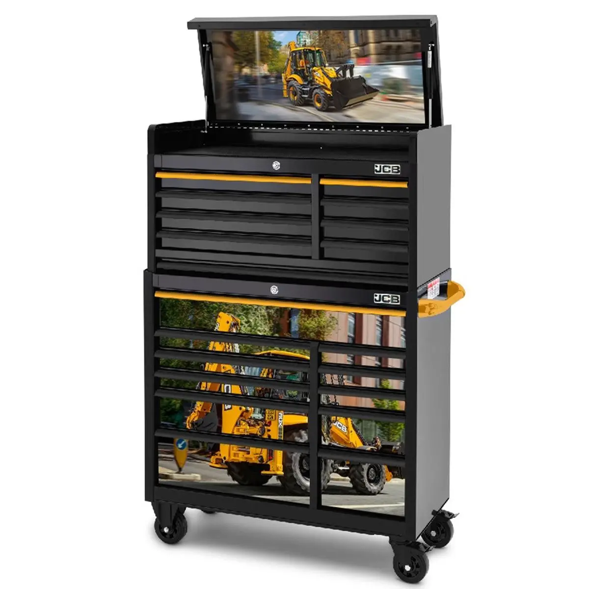 Jcb 42’’ Roller Cabinet And Top Tool Chest Stack  19 Drawer With Backhoe Loader Wrap Jcbbhlstack 1