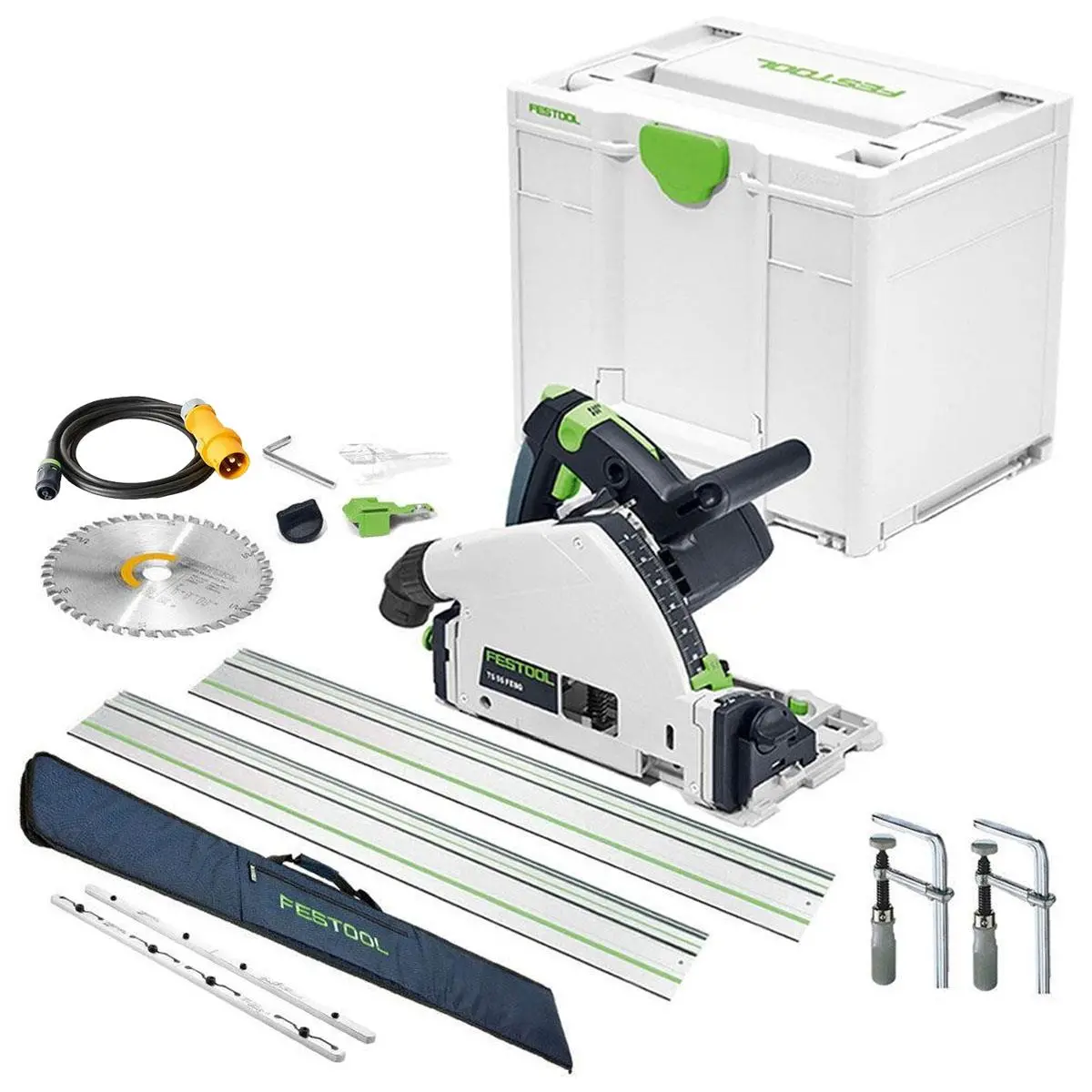 Festool Ts 55 Feq-Plus 110V Gb 160Mm Circular Plunge Cut Saw - 576707 With 2 X Guide Rail, Connector, Clamp & Bag 1