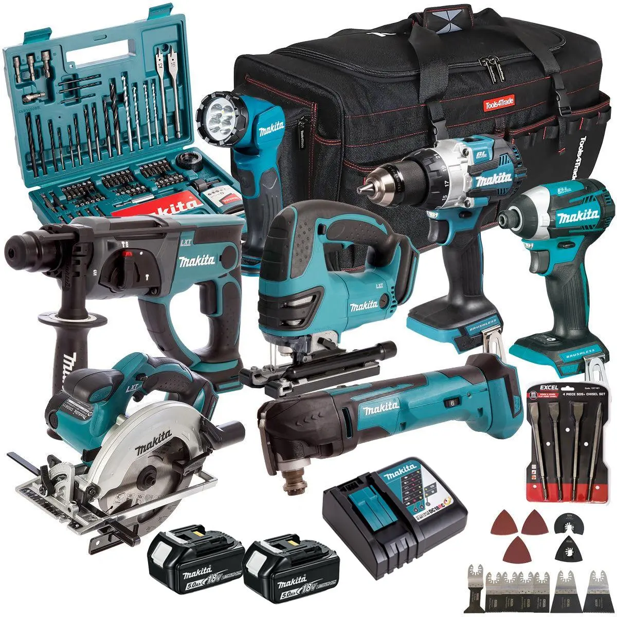 Makita 18V 7 Piece Combo Kit With 2 X 5.0Ah Battery Charger & Accessories Set T4tkit-17231 1