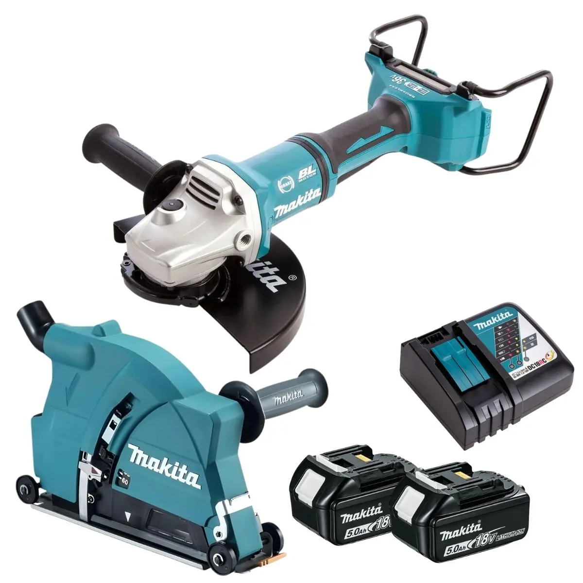 Makita Dga900z 36V Brushless Angle Grinder With 2 X 5.0Ah Battery Charger & Dust Collecting Wheel Guard 1