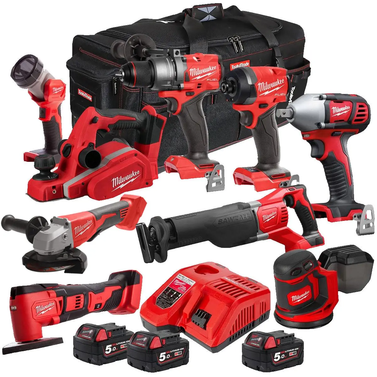 Milwaukee 18V 9 Piece Power Tool Kit With 3 X 5.0Ah Batteries T4tkitm-119 1