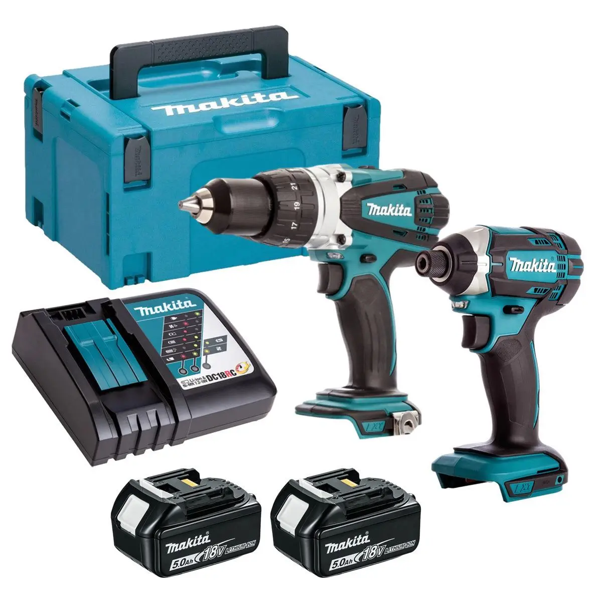 Makita 18V Combi Drill & Impact Driver 2 X 5.0Ah Battery & Charger T4tkit-16440 1
