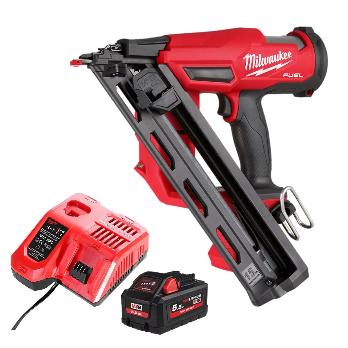 Milwaukee M18fn15ga-0 18V Brushless Angled Finish Nailer 15Ga With 1 X 5.5Ah Battery & Charger 1