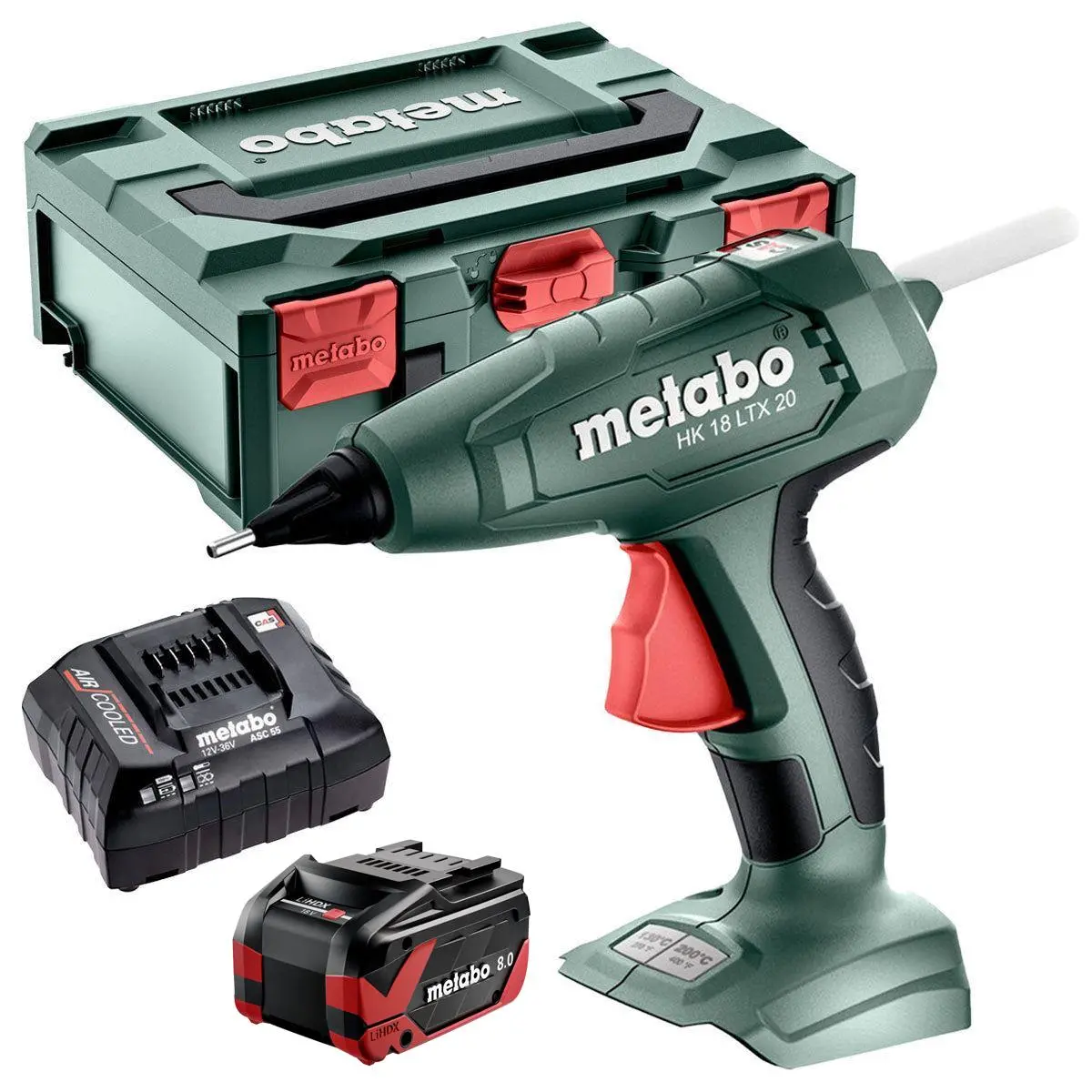 Metabo Hk 18 Ltx 20 18V Hot Glue Gun With 1 X 8.0Ah Battery, Charger, Glue Sticks & Metabox 1