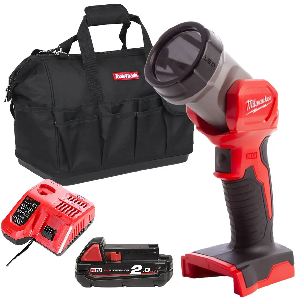 Milwaukee M18tled-0 M18 18V Led Work Light Torch With 1 X 2.0Ah Battery Charger & Bag 1