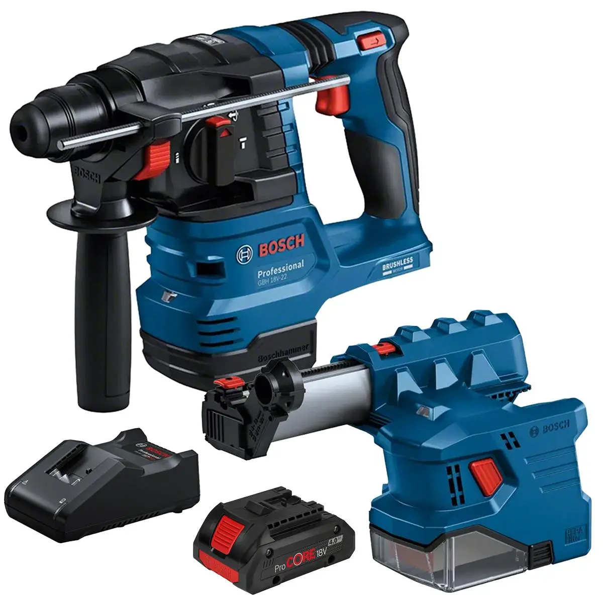 Bosch Gbh 18V-22 18V Brushless Sds-Plus Rotary Hammer Drill With 1 X 4.0Ah Battery, Charger & Gde 18V-12 Dust Extractor Attachment 1