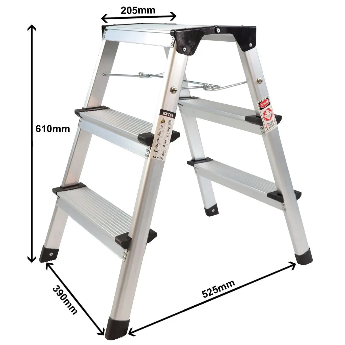 Excel Aluminium Stool Ladder 3 Tread Heavy Duty Folding Hop Up 610Mm X 390Mm 1