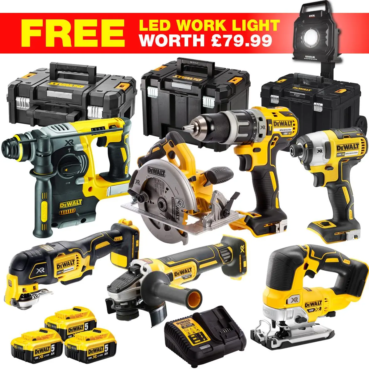 Dewalt Dckt4t7wlf 18V Xr 8 Piece Power Tool Kit With 3 X 5.0Ah Batteries Charger & Toolbox 1