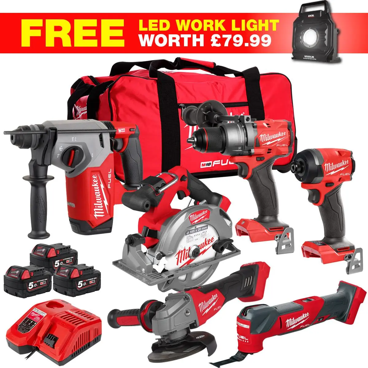 Milwaukee M18fpp7a3-503Bwlf5 18V 7 Piece Fuel Brushless Tool Kit 3 X 5.0Ah Batteries Charger & Wheeled Bag 1
