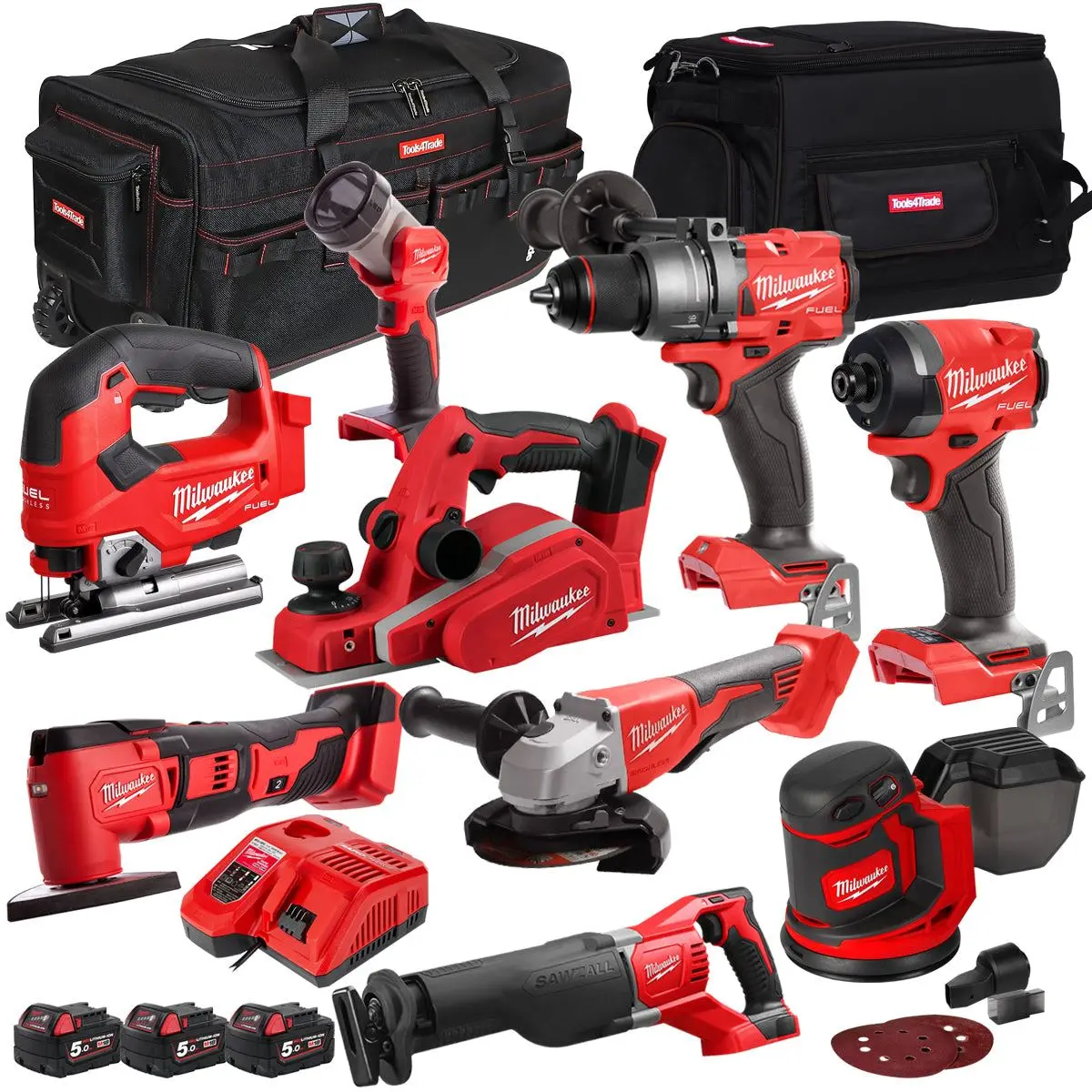 Milwaukee 18V 9 Piece Power Tool Kit With 3 X 5.0Ah Batteries T4tkitm-89 1