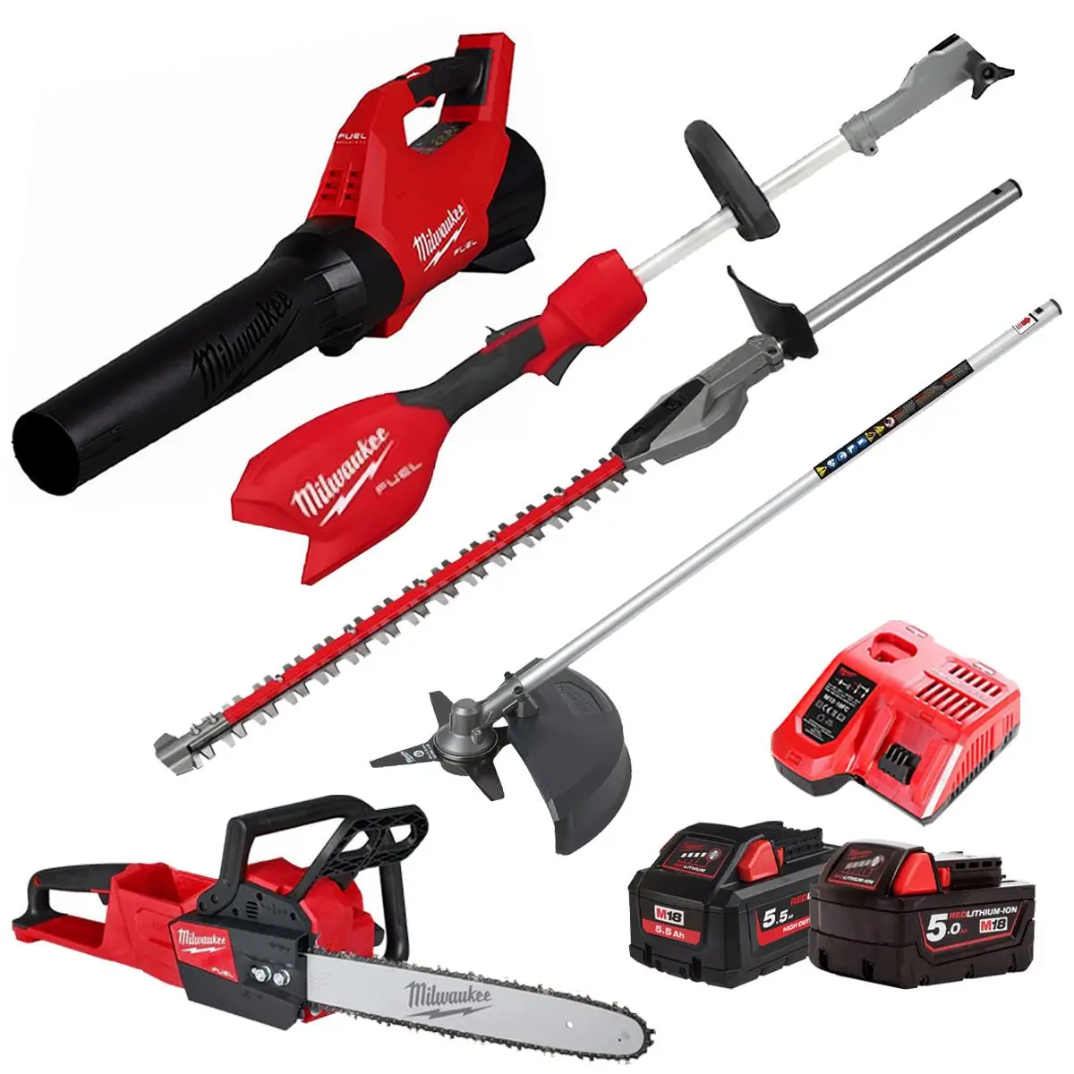 Milwaukee M18 18V 3 Piece Gardening Tool Kit With Hedge Trimmer & Brush Cutter Attachment 2 X Batteries & Charger T4tkit-29522 1