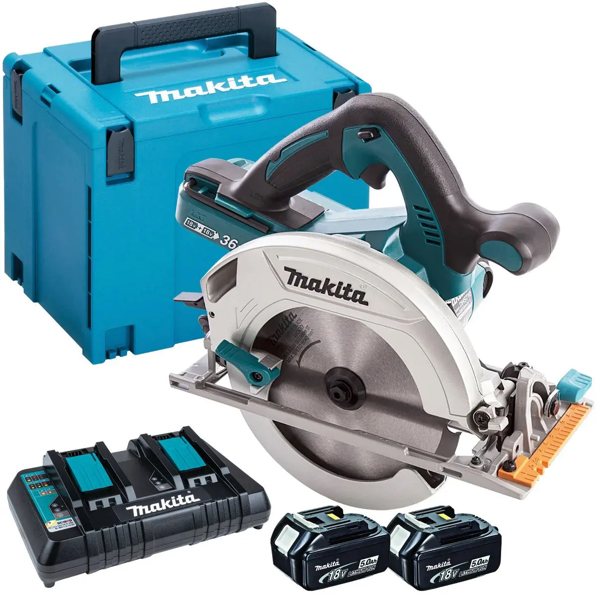 Makita Dhs710zj 36V Lxt 190Mm Circular Saw With 2 X 5.0Ah Batteries, Twin Port Charger In Case 1