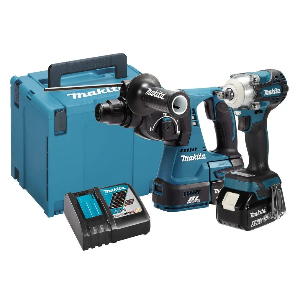 Makita Dlx2372tj 18V Lxt Impact Wrench & Rotary Hammer Combo Kit With 2 X 5.0Ah Batteries, Charger In Case 1