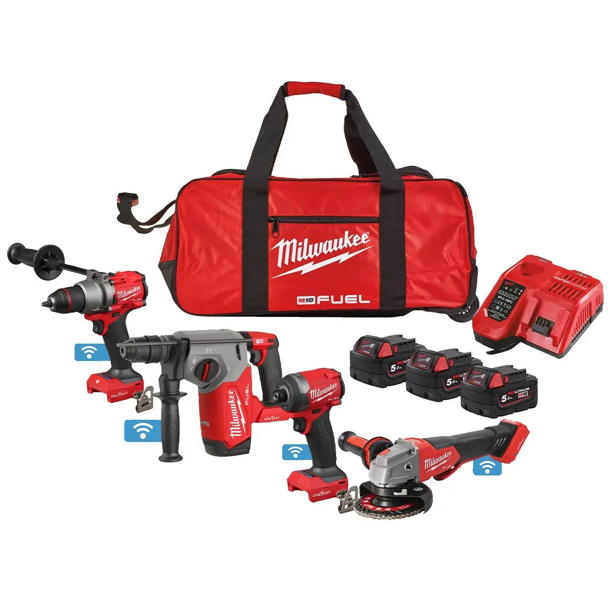 Milwaukee M18onepp4a3-503B 18V Fuel One-Key Brushless 4 Piece Tool Kit With 3 X 5.0Ah Battery Charger & Wheeled Bag 4933499430 1