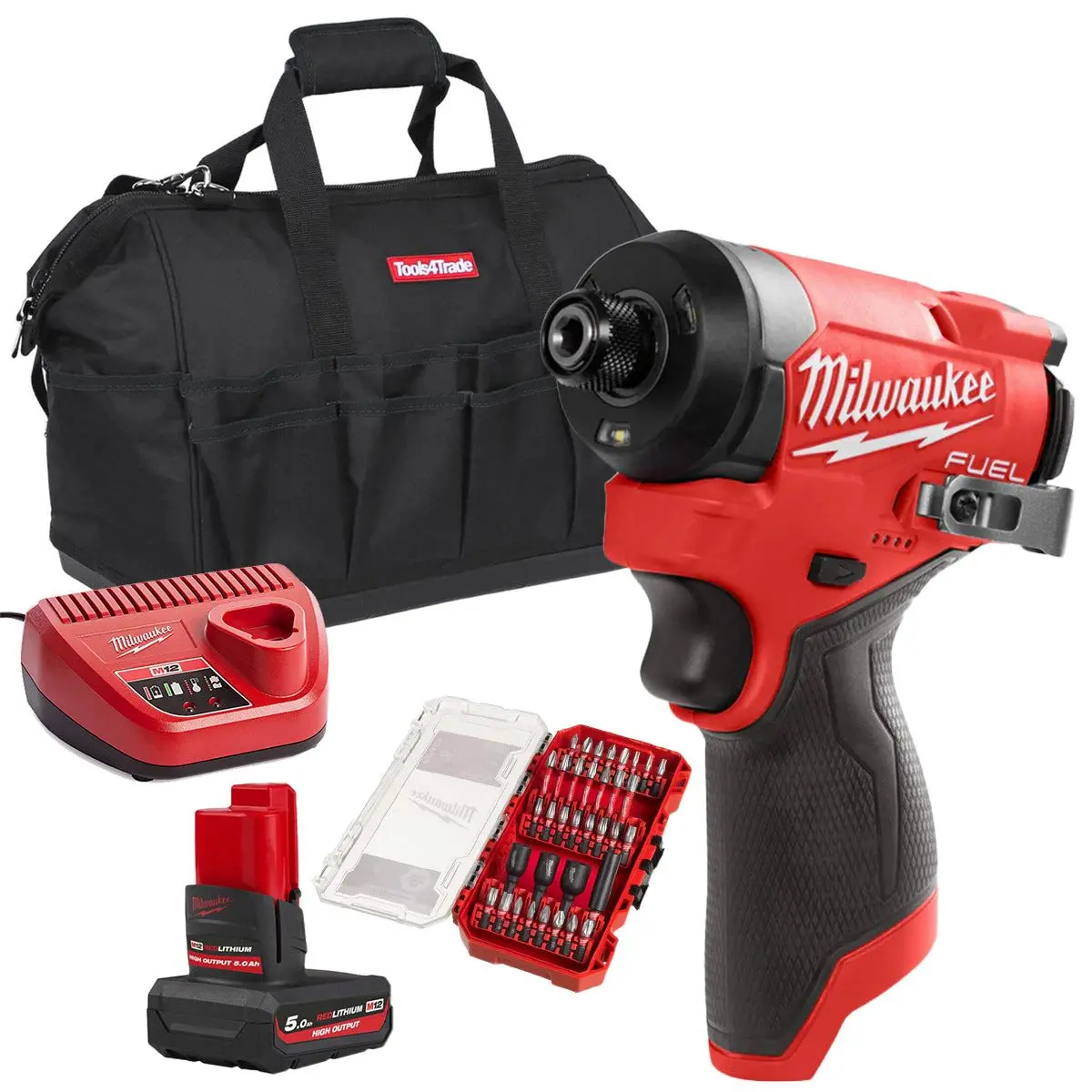 Milwaukee M12fid2-0 12V Brushless Sub Compact Impact Driver With 1 X 5.0Ah Battery Charger Bag & 35 Piece Shockwave Bit Set 1