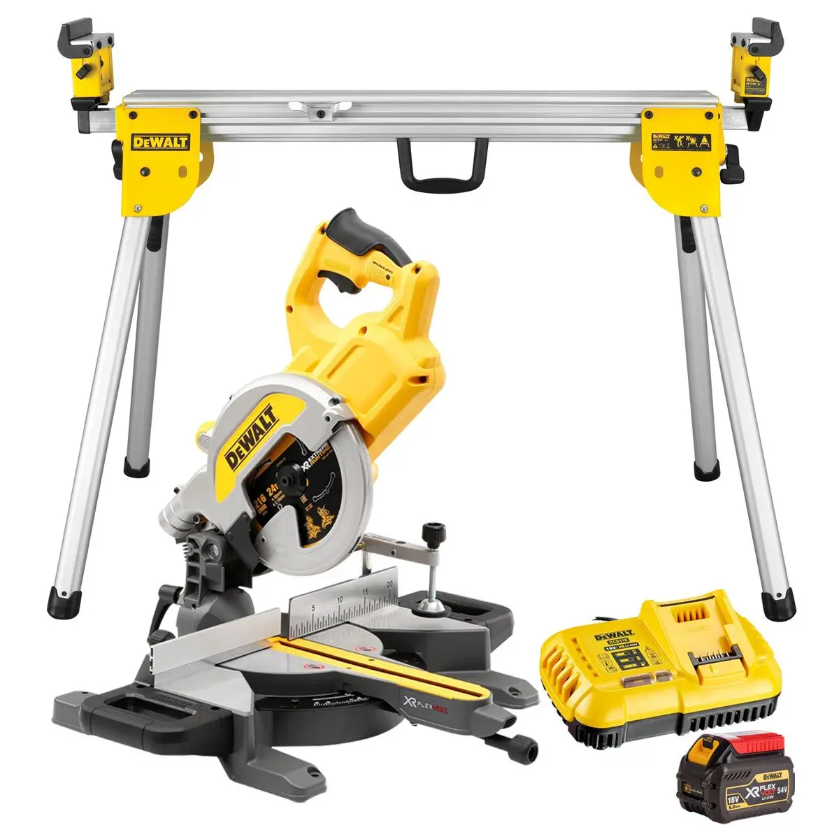 Dewalt Dcs777n 54V Xr Flexvolt Brushless 216Mm Mitre Saw With 1 X 6.0Ah Battery Charger & Leg Stand 1